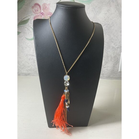 Boho Long Gold Chain Necklace With Orange Tassel & Crystal Accents - Picture 2 of 5